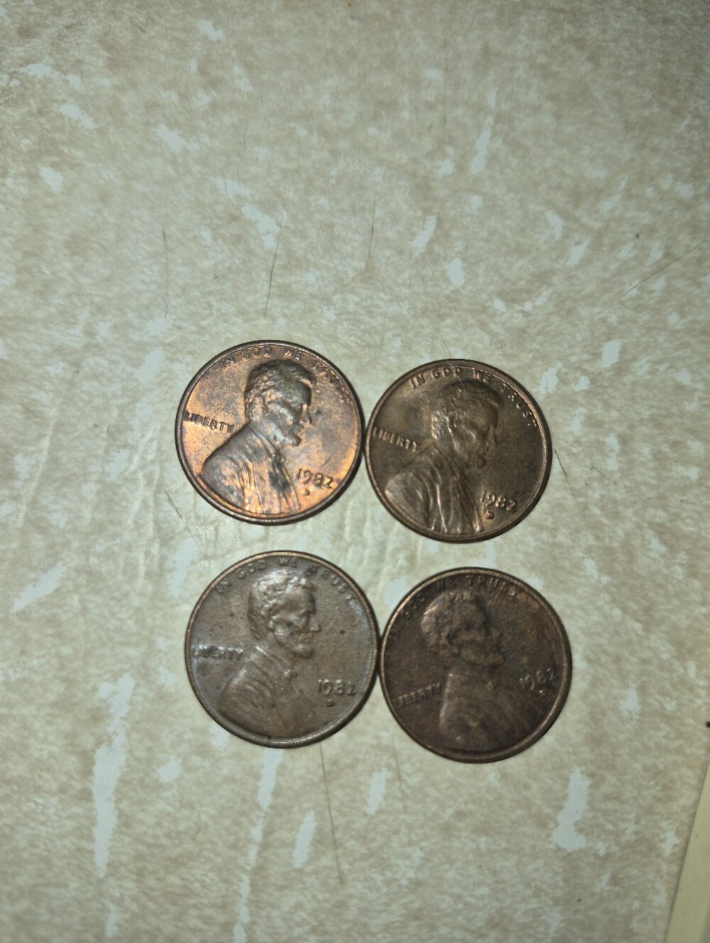 Four 1982 D LARGE DATE  Lincoln Wheat Pennies - Copper